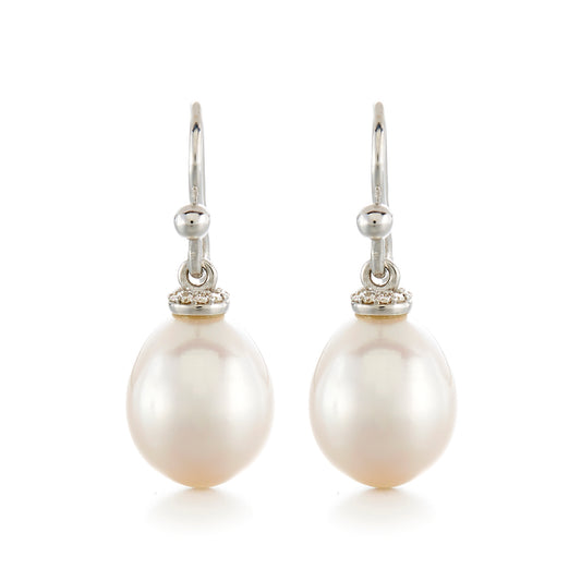 Gump's Signature Pearl & Diamond Silver Drop Earrings