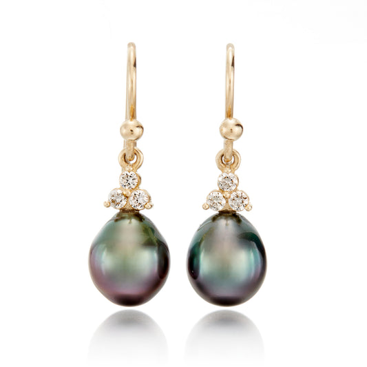 Gump's Signature Yellow Gold Madison Drop Earrings in 8mm Tahitian Pearls & Diamonds