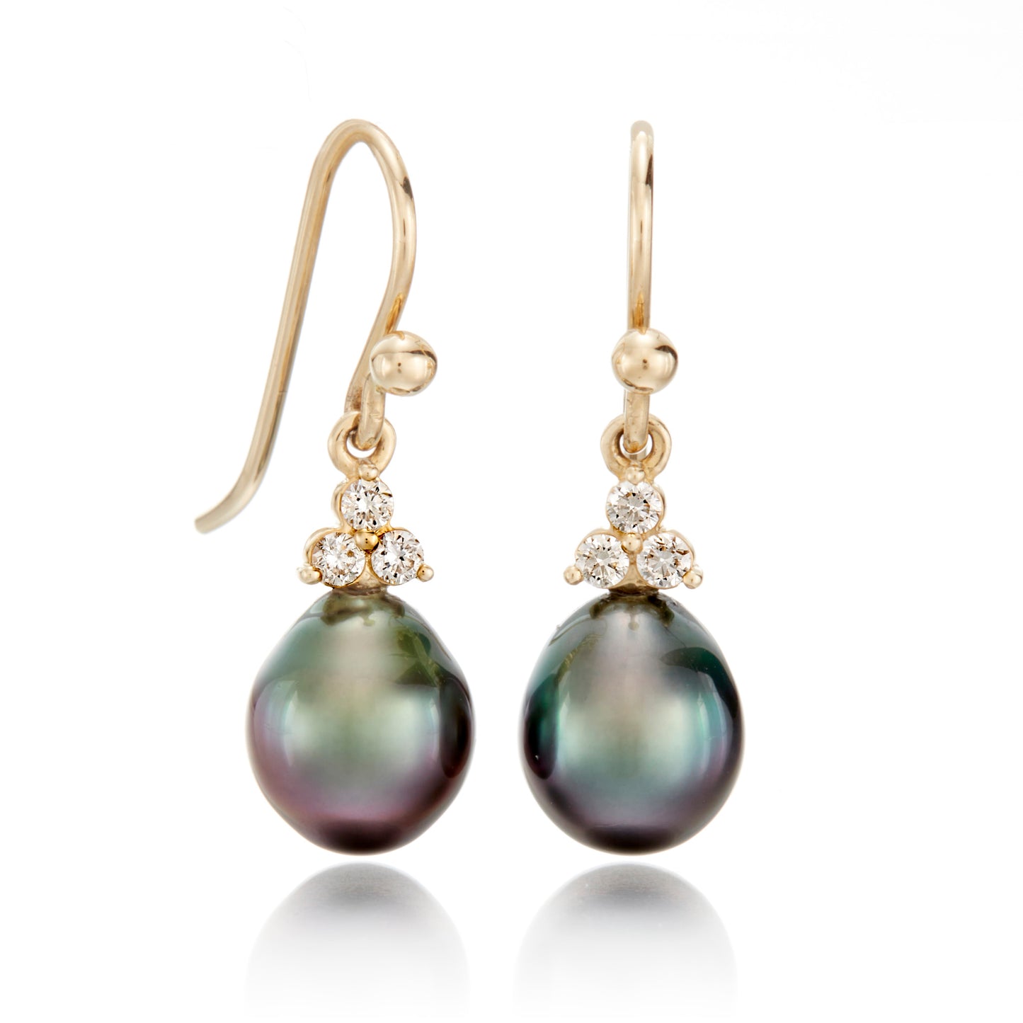 Yellow Gold Madison Drop Earrings in 8mm Tahitian Pearls & Diamonds