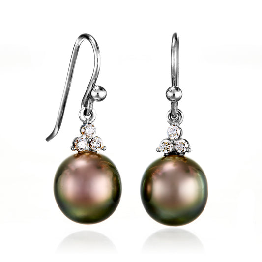 White Gold Madison Drop Earrings in 10mm Tahitian Pearls & Diamonds