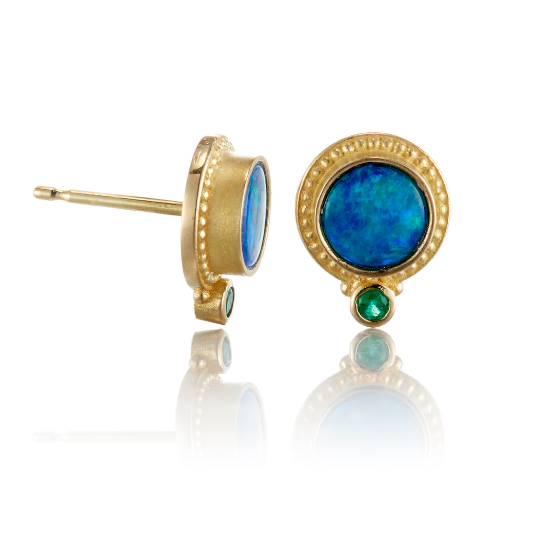 Opal Doublet & Emerald Earrings