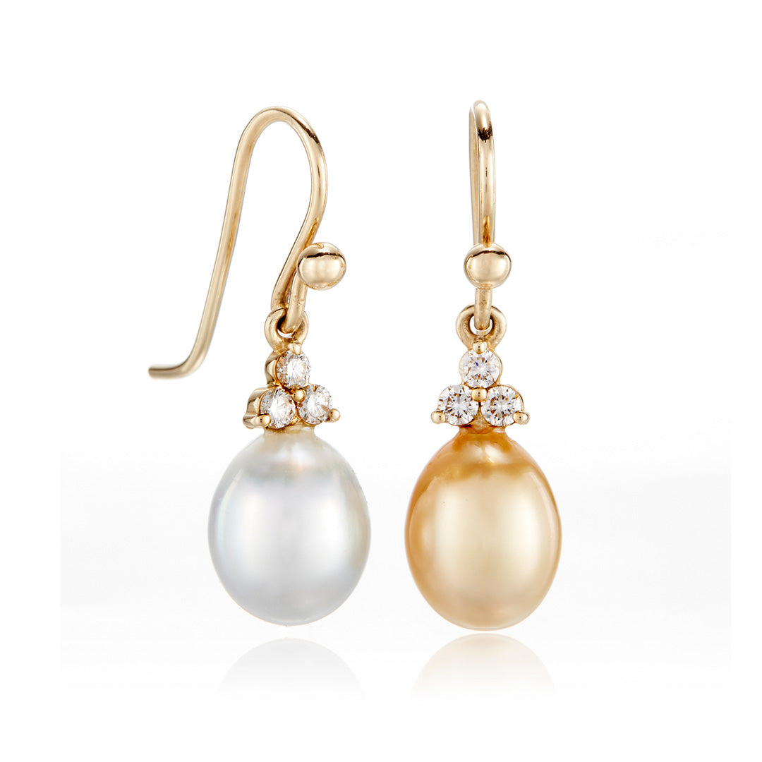 Gump's Signature Madison Drop Earrings in White/Gold Keshi Pearls & Diamonds