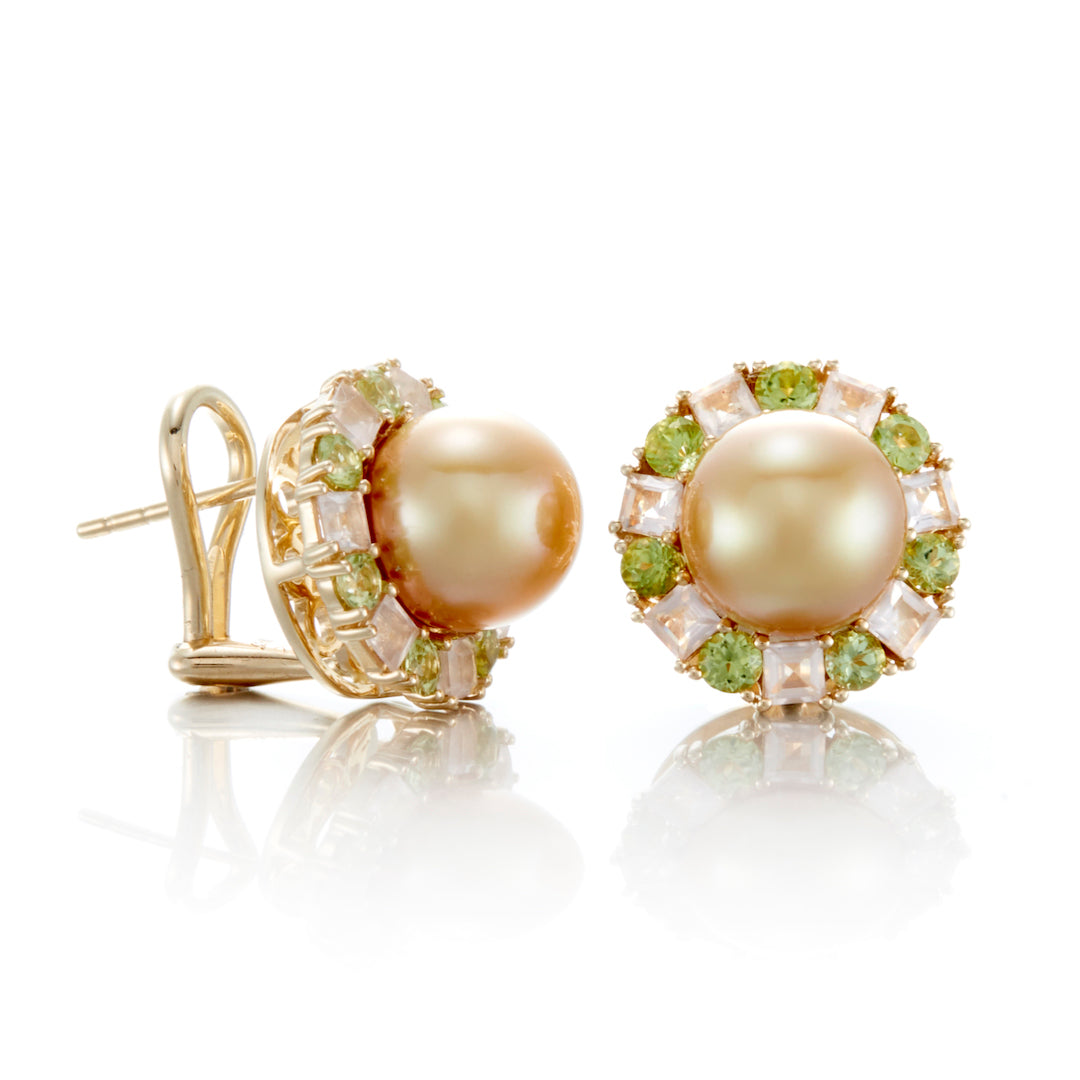 Golden South Sea Pearl, Peridot & Rose Quartz Earrings