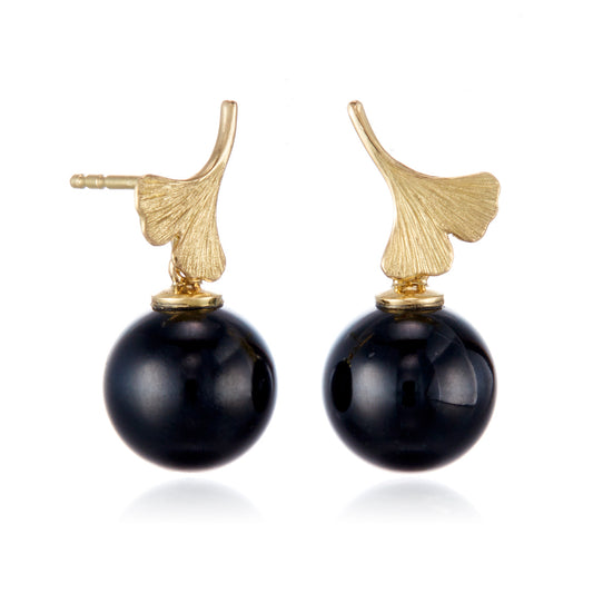 Ginkgo Black Jade Drop Earrings