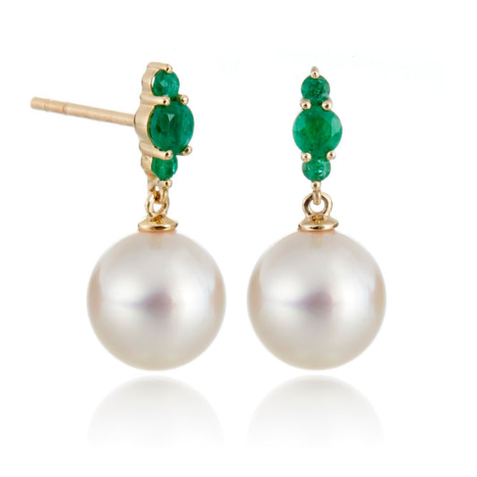 Orion Earrings in White Akoya Pearls & Emeralds