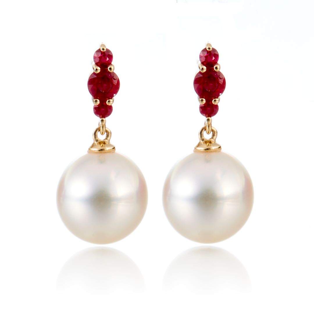 Gump's Signature Orion Earrings in White Akoya Pearls & Rubies