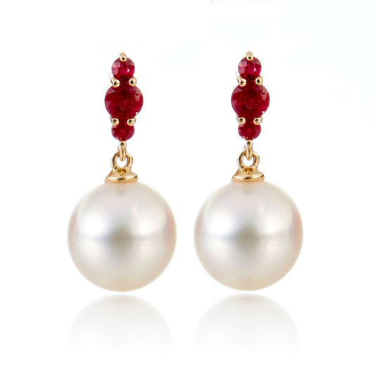 Gump's Signature Orion Earrings in White Akoya Pearls & Rubies