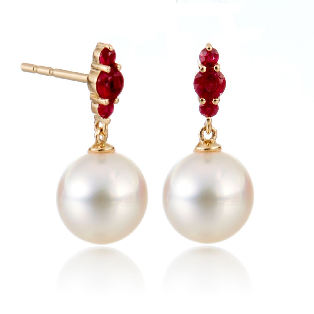 Orion Earrings in White Akoya Pearls & Rubies