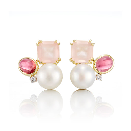 Pink Tourmaline, Rose Quartz & Pearl Cluster Earrings