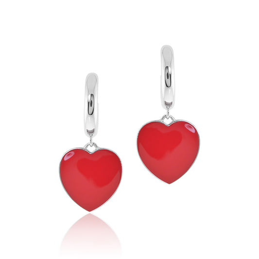 Red Enamel & Silver Heart Charm Earrings