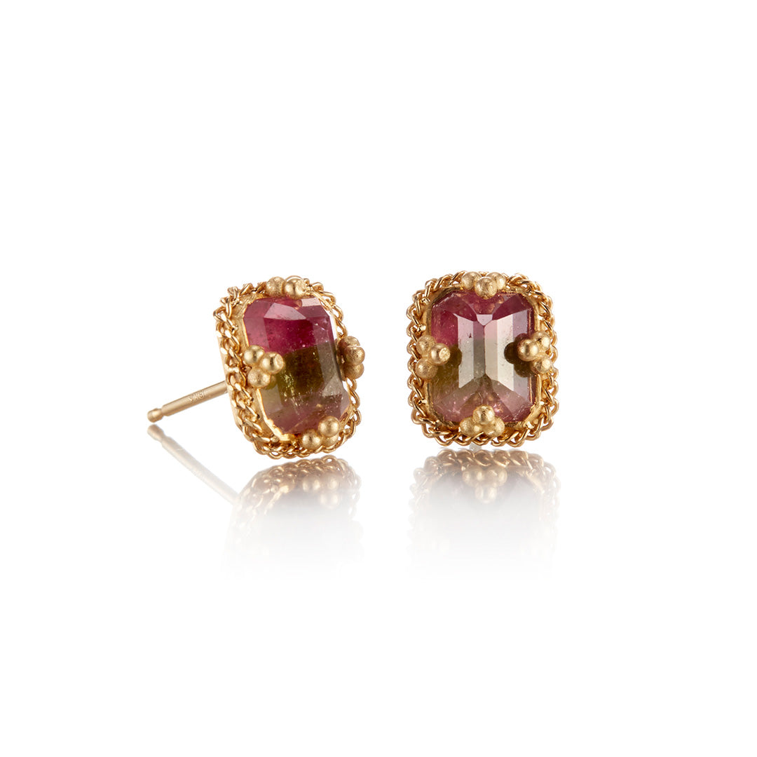 Rectangular Watermelon Tourmaline Stud Earrings