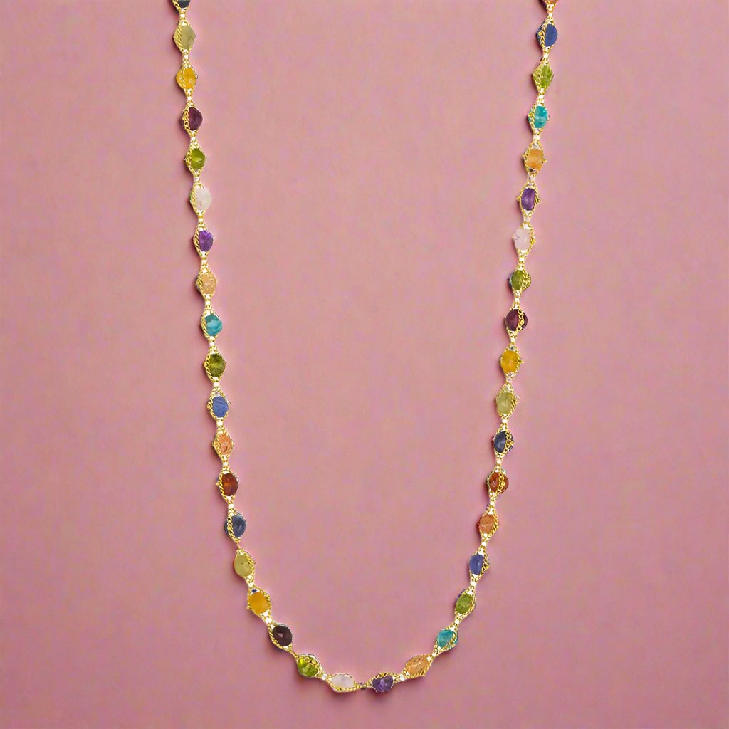 Multi-Colored Gemstone Woven Necklace