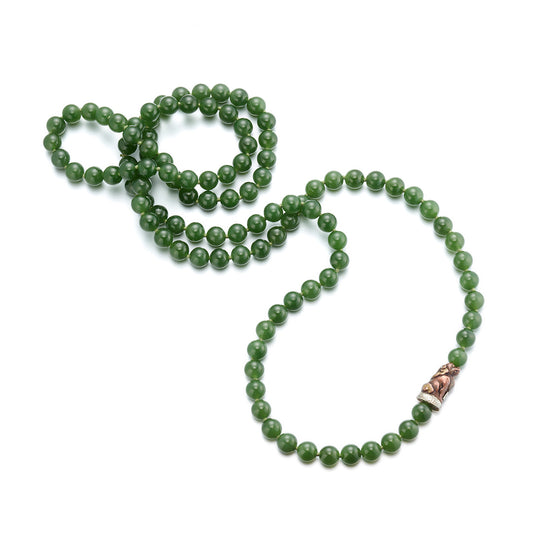 Gump's Signature 8mm Siberian Jade Rope Necklace with Shishima Temple Lion Ojime
