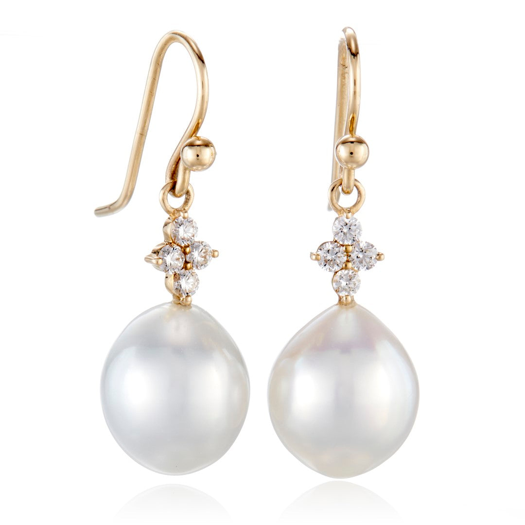 Belgravia Drop Earrings in 10mm South Sea Pearls & Diamonds