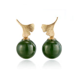Ginkgo Leaf & Green Nephrite Jade Drop Earrings