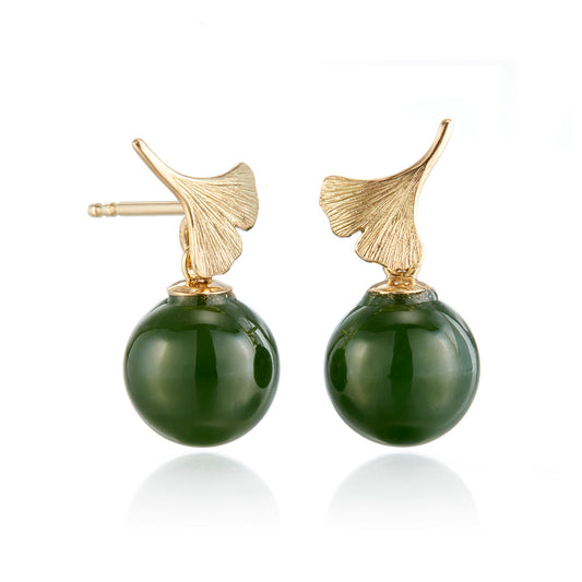 Ginkgo Green Nephrite Jade Drop Earrings