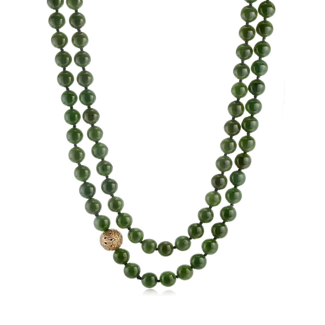 10mm Green Nephrite Jade Rope Necklace with Peony Ojime