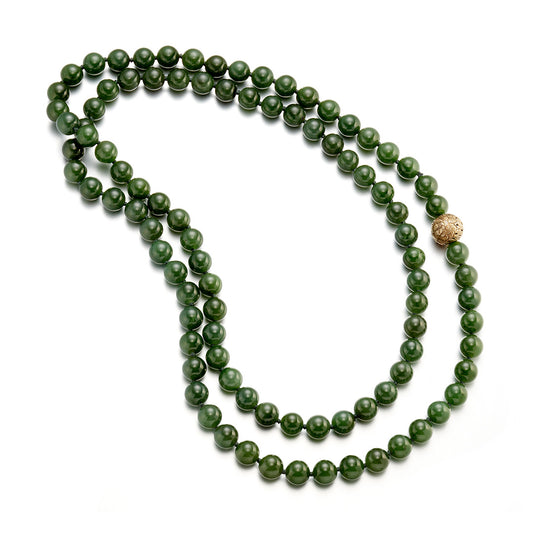 Gump's Signature 10mm Green Nephrite Jade Rope Necklace with Peony Ojime