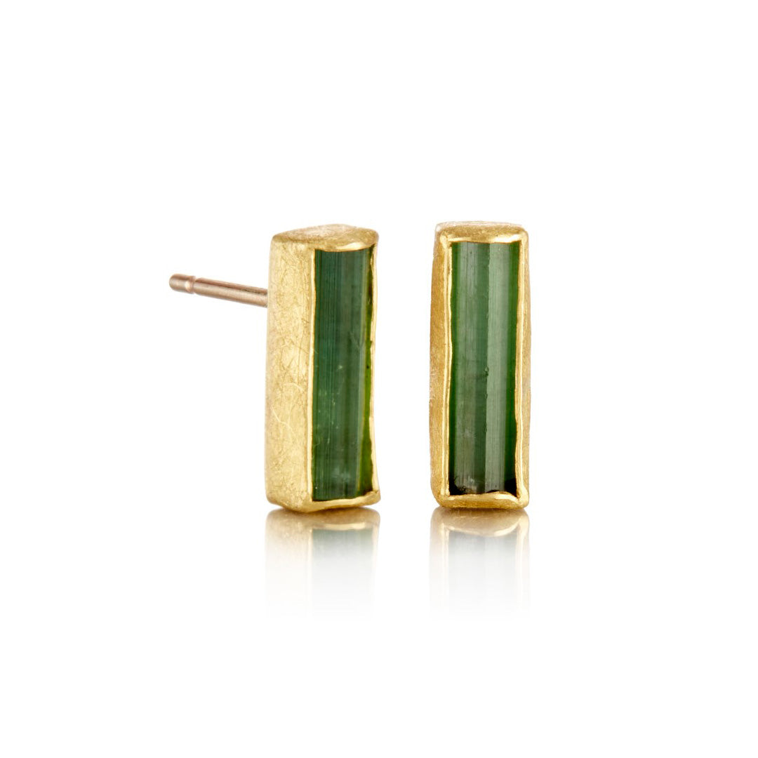 Rough Green Tourmaline Rectangular Earrings