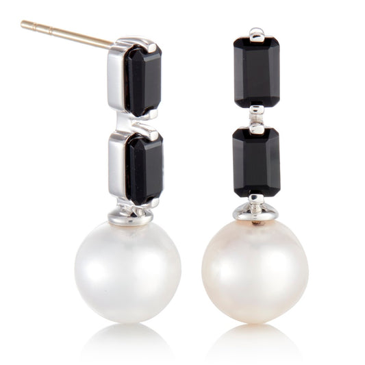 Black Spinel Baguette & Pearl Drop Earrings