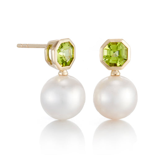 Octagonal Peridot & Pearl Drop Earrings