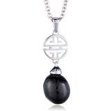 Black Jade & Silver Shou Pendant Necklace