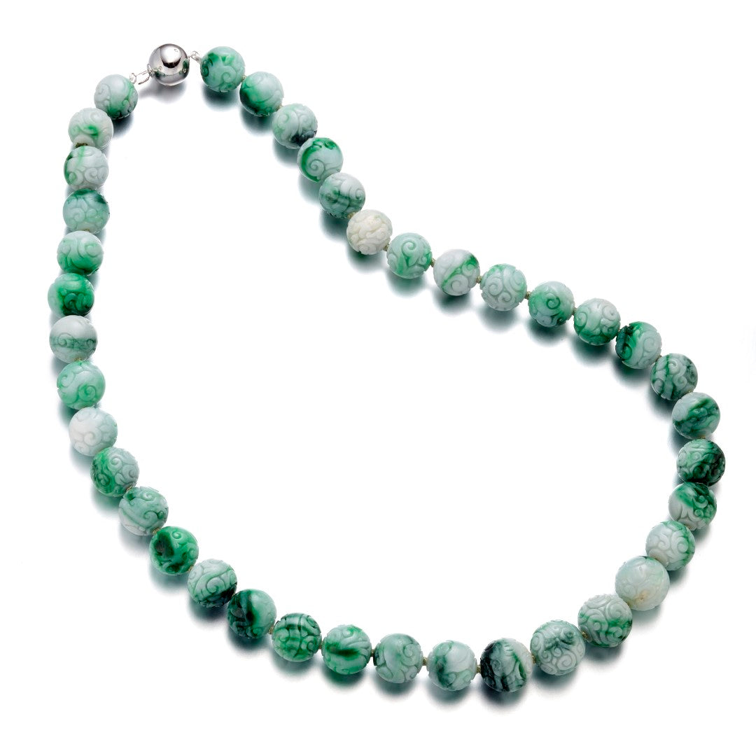 Gump's Signature 12-14mm Green & White Jade Floral Bead Necklace