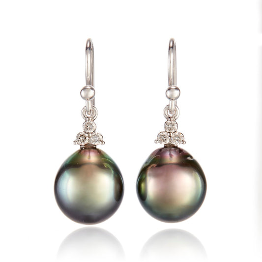 Gump's Signature White Gold Madison Drop Earrings in 11mm Tahitian Pearls & Diamonds