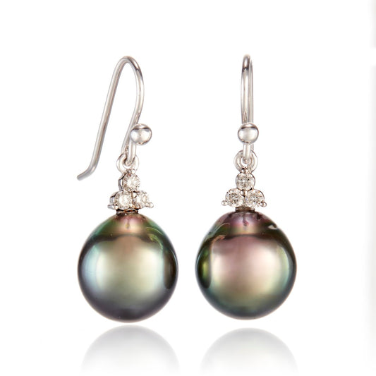 White Gold Madison Drop Earrings in 11mm Tahitian Pearls & Diamonds