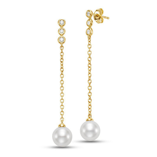 Triple Diamond & Pearl Drop Earrings