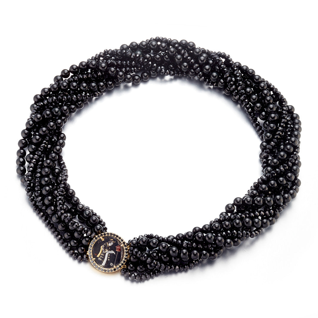 Gump's Signature Black Jade & Spinel Twist Necklace with Shakudo Plaque & Black Diamond Clasp