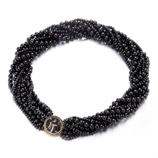 Gump's Signature Black Jade & Spinel Twist Necklace with Shakudo Plaque & Black Diamond Clasp