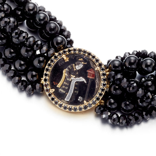 Black Jade & Spinel Twist Necklace with Shakudo Plaque & Black Diamond Clasp