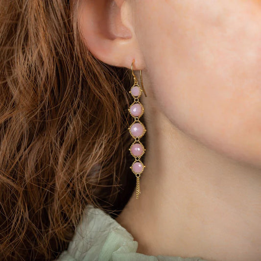 Long Textile Pink Opal Earrings