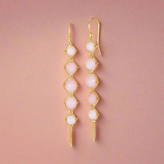 Long Textile Pink Opal Earrings