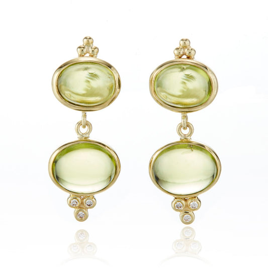 Double Peridot Cabochon & Diamond Drop Earrings