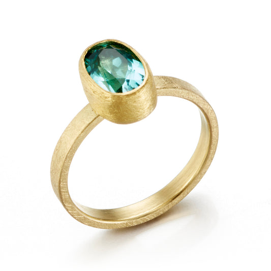 Petra Class Blue-Green Tourmaline Oval Bezel-Set Ring