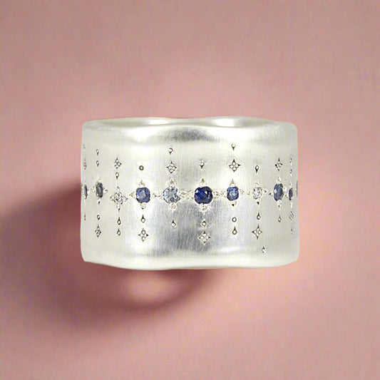 Single Organic Wide Silver Band with Multi-Gemstones