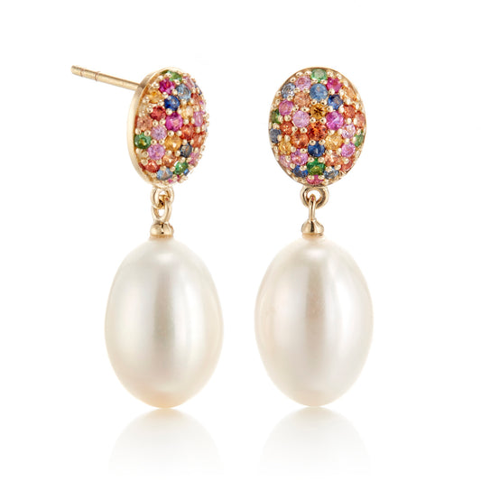 Multi-Color Sapphire & Pearl Drop Earrings