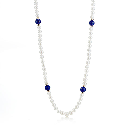 6mm Pearl & Lapis Station Rope Necklace