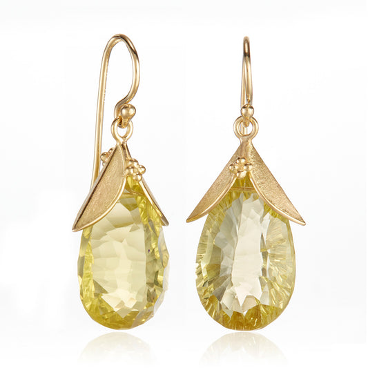 Lemon Quartz Leaf Cap Drop Earrings