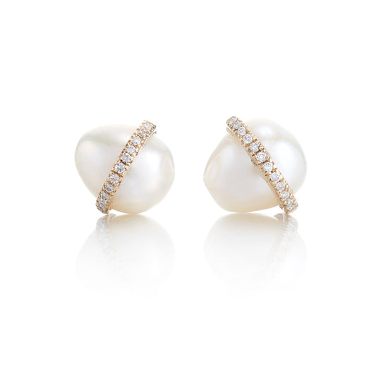 Diamond Bezel-Wrapped Pearl Stud Earrings