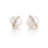 Diamond Bezel-Wrapped Pearl Stud Earrings