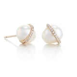 Diamond Bezel-Wrapped Pearl Stud Earrings