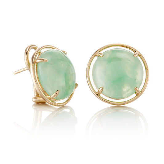 Mottled Light Green Jade Cabochon Earrings