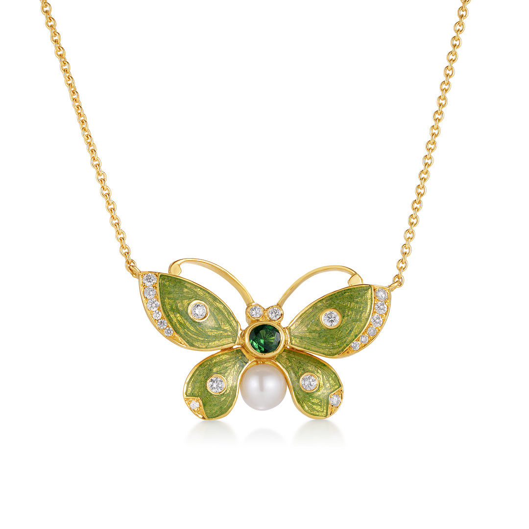 Green Enamel & Tsavorite Butterfly Pendant Necklace
