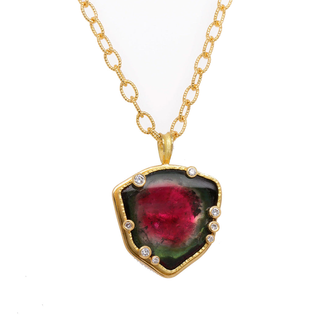 Barbara Heinrich Watermelon Tourmaline Slice & Diamond Pendant Necklace