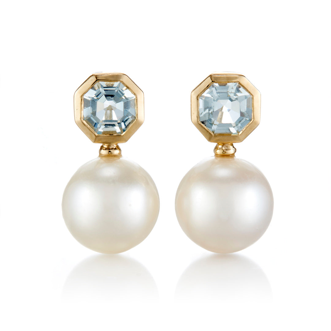Octagonal Drop Earrings in Aquamarines & Pearls