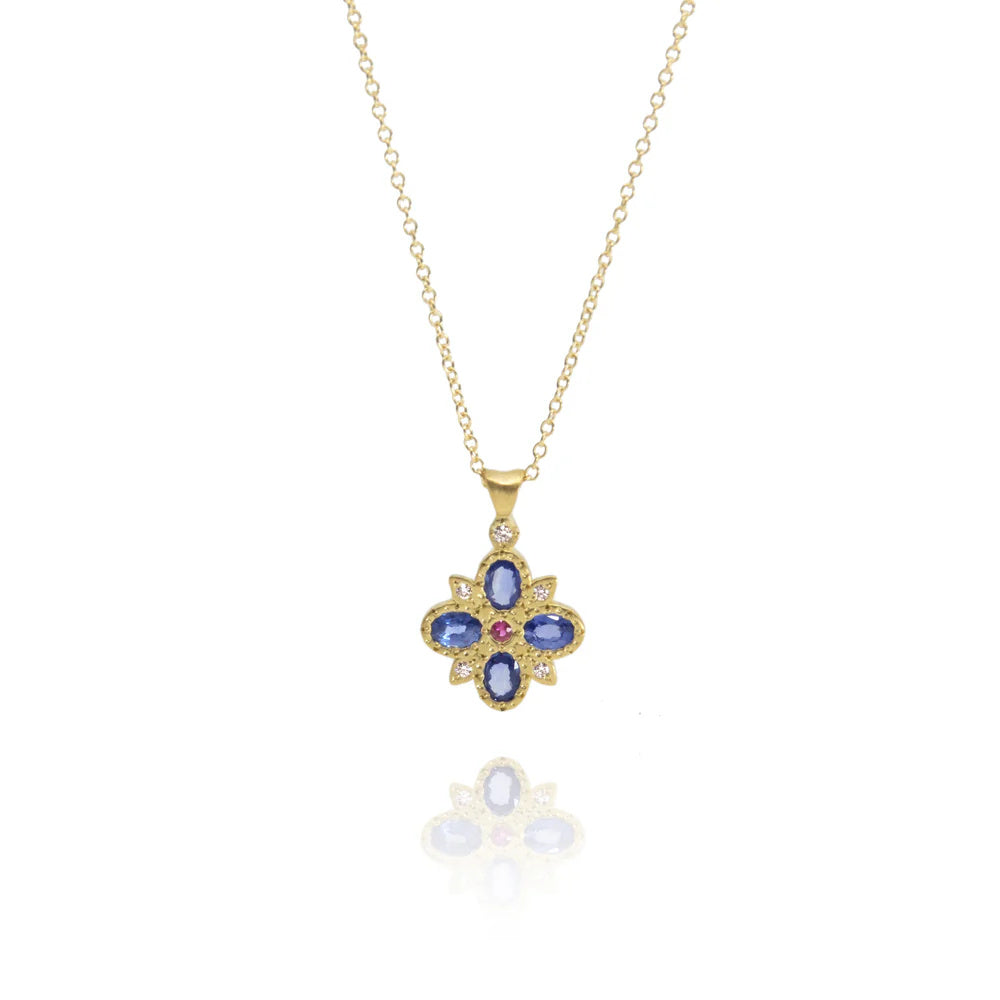Adel Chefridi Sapphire & Diamond Flower of Light Pendant Necklace