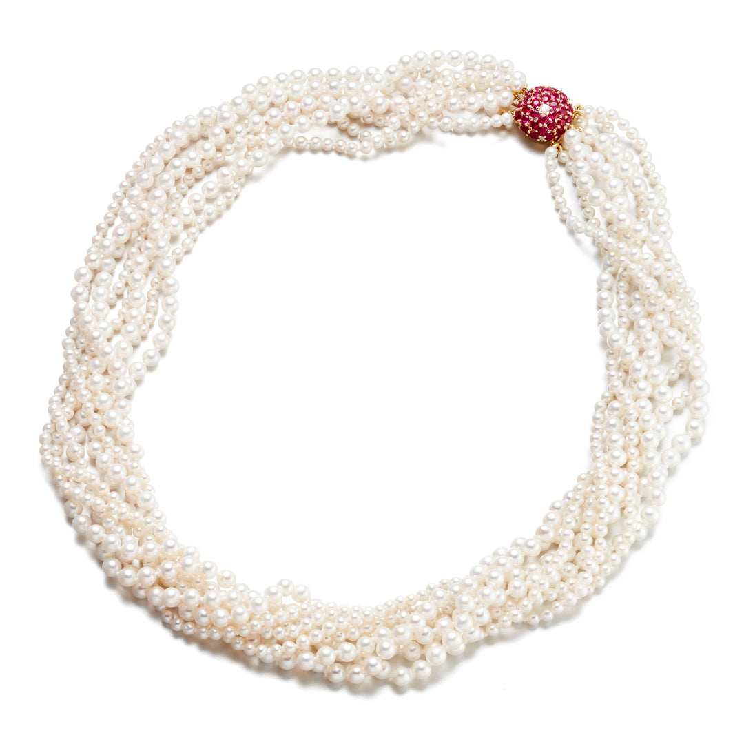 Gump's Signature Pearl 8-Strand Twist Necklace with Ruby Clasp